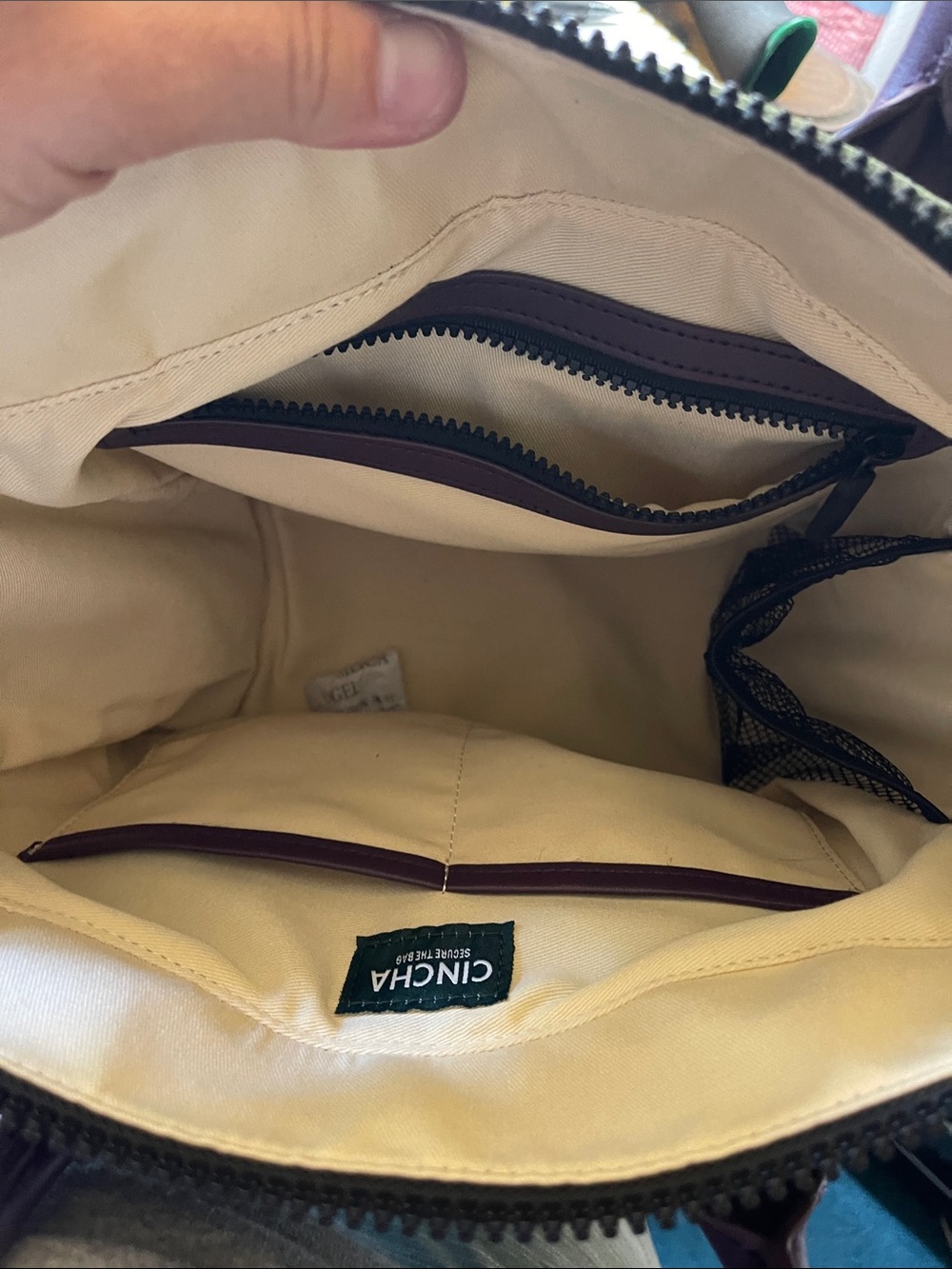 Cincha Olive convertible Canvas Satchel w/Purple Leather Handles & Black Strap - Picture 9 of 9